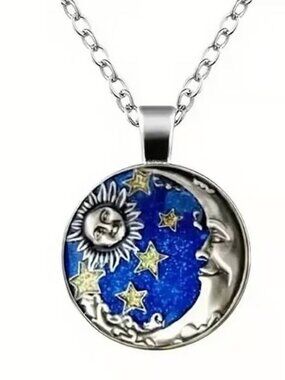 Silver CELESTIAL Sun Moon Glass Cabochon Pendant Necklace